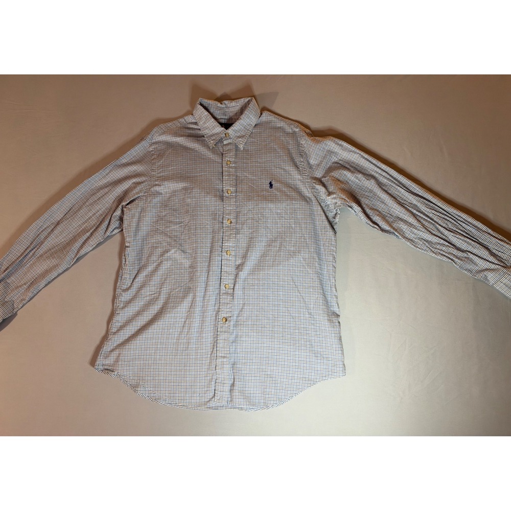 Polo Ralph Lauren Mens XL Button Down Shirt Blue Brown Check Cotton Long Sleeve